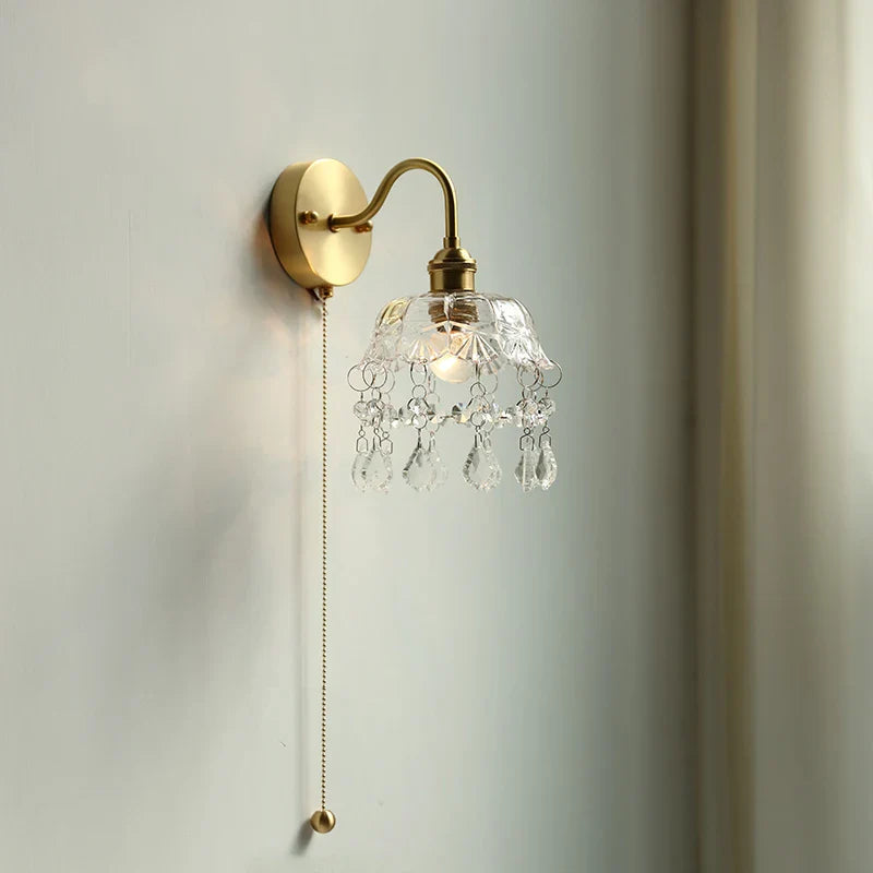 Afralia™ Nordic LED Wall Light with Pull Chain Switch, Crystal Glass Bedside Lamp