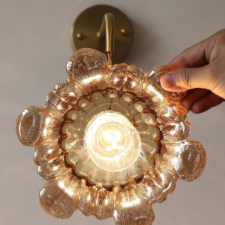 Afralia™ Amber Glass LED Wall Sconce, Brass Finish, Adjustable Wire, Modern Nordic Style