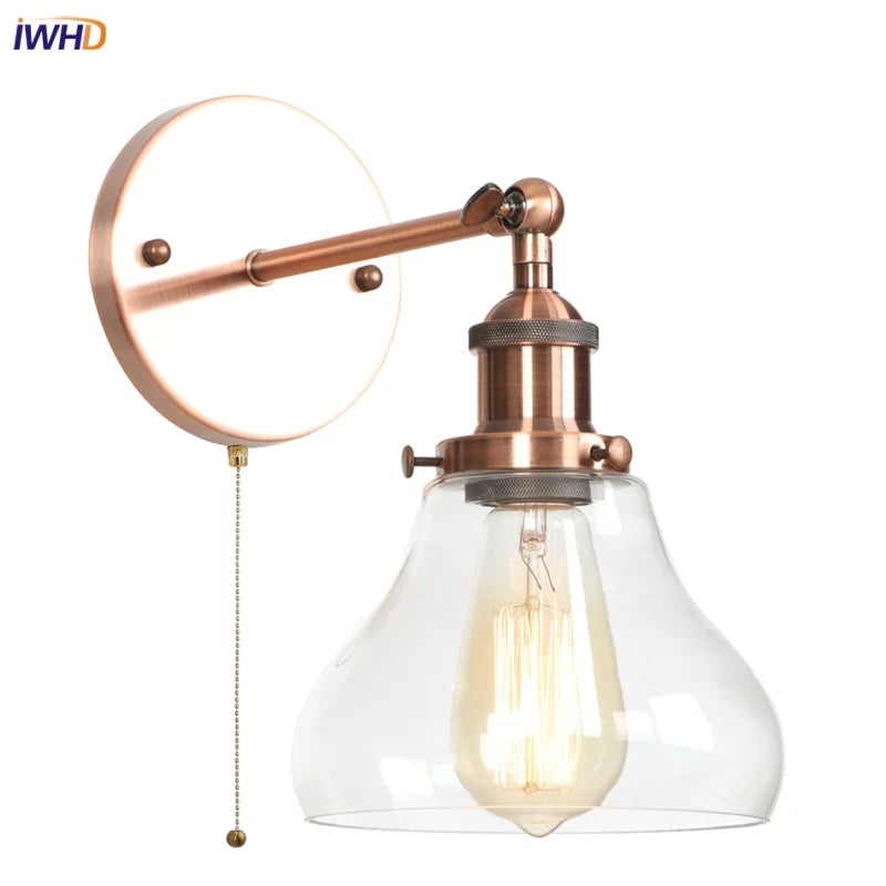 Afralia™ Red Bronze LED Wall Lamp with Pull Chain Switch and Clear Glass