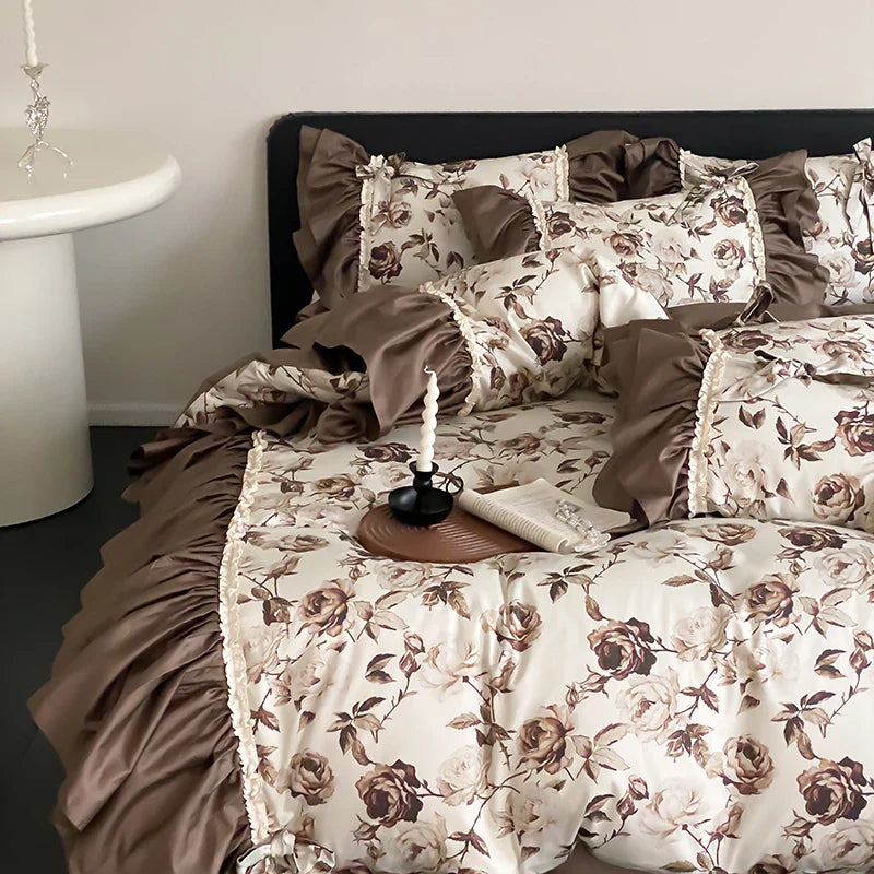 Afralia™ Brown Vintage Flowers Bedding Set - 4 Piece Collection