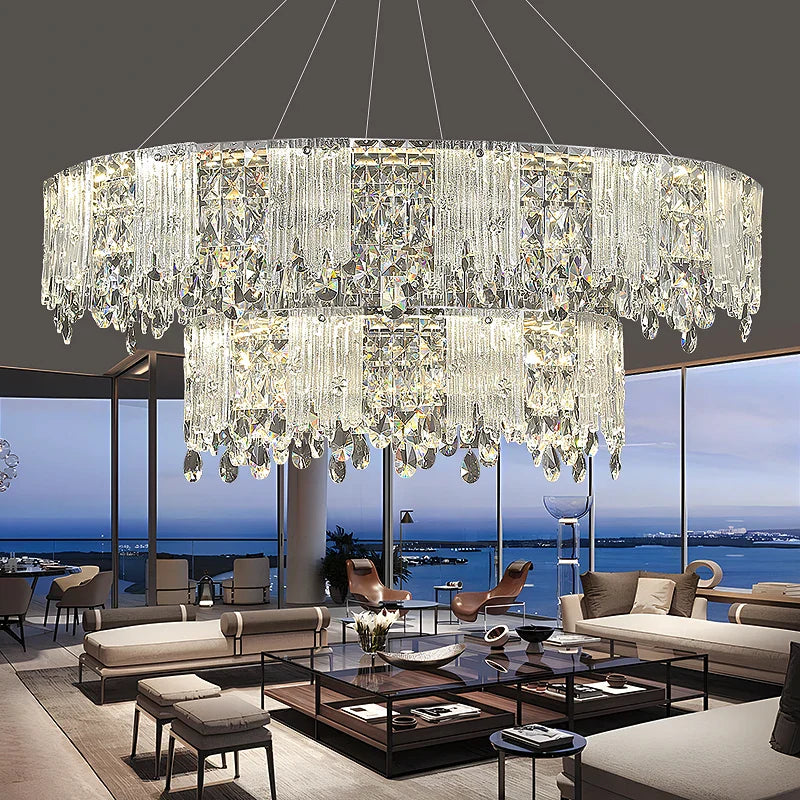 Afralia™ Chrome Crystal Pendant LED Chandelier for Living Dining Bedroom.