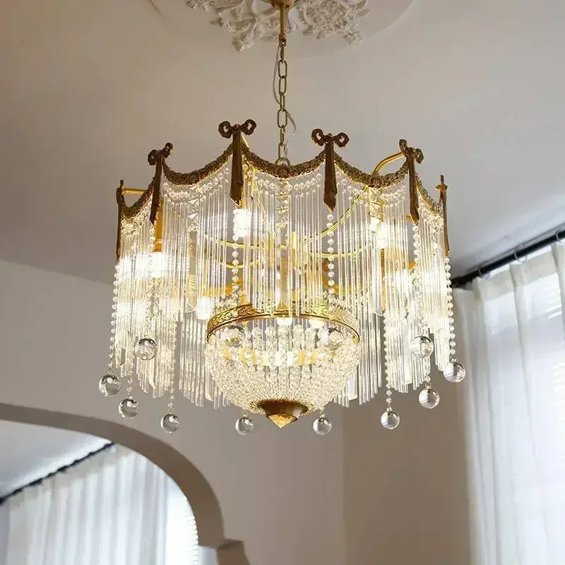 Afralia™ Crystal Tassel Chandelier: French Copper, Artistic Design, High-End Feel for Master Bedroom