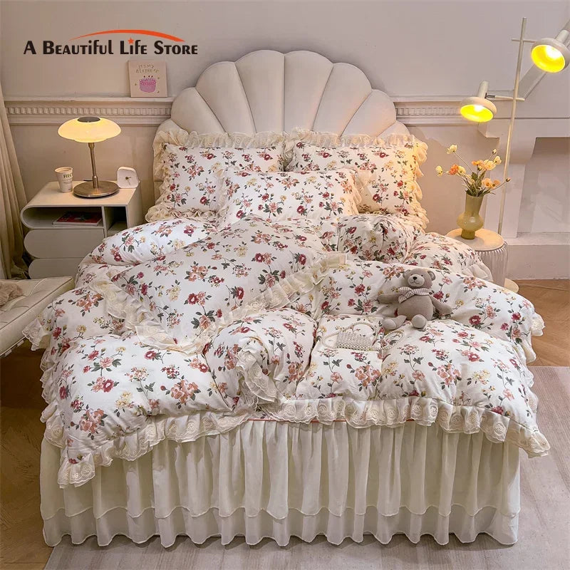 Afralia™ Princess Lace Ruffles Floral Bedding Set with Duvet Cover and Bed Skirt