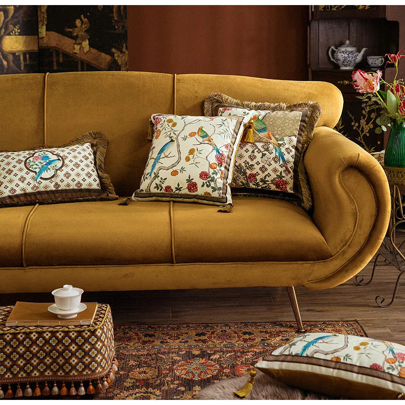 Afralia™ Velvet Floral Birds Cushion Cover with Tassels
