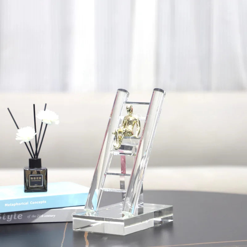 Afralia™ Crystal Staircase Statue: Golden Man Climbing Handicrafts Glass Home Decor