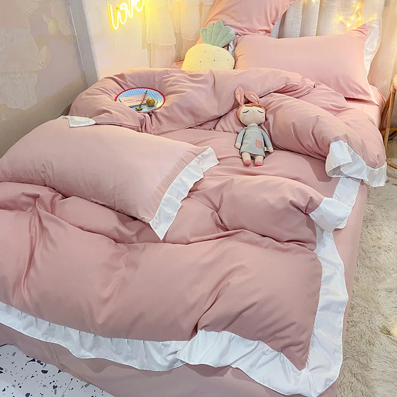 Afralia™ Cotton Ruffle Edge Duvet Cover Set - Soft, Thick, Solid Color