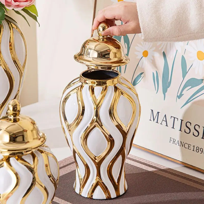 Afralia™ Geometric Pattern Golden Porcelain Ginger Jar Vase - Home Decoration Ceramic Craft Ornament