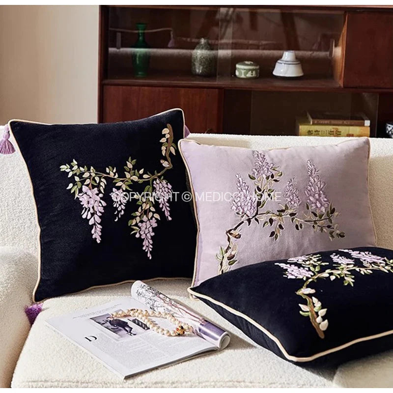 Afralia™ Botanical Wisteria Embroidered Cushion Cover with Tassel
