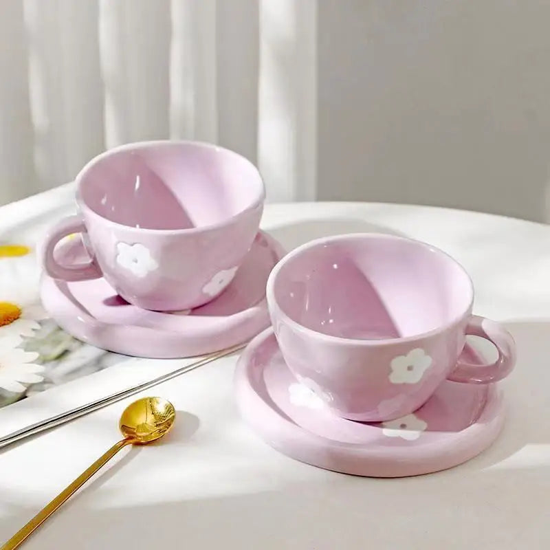 Afralia™ Hand-Painted Purple Flower Ceramic Coffee Cup and Saucer Set