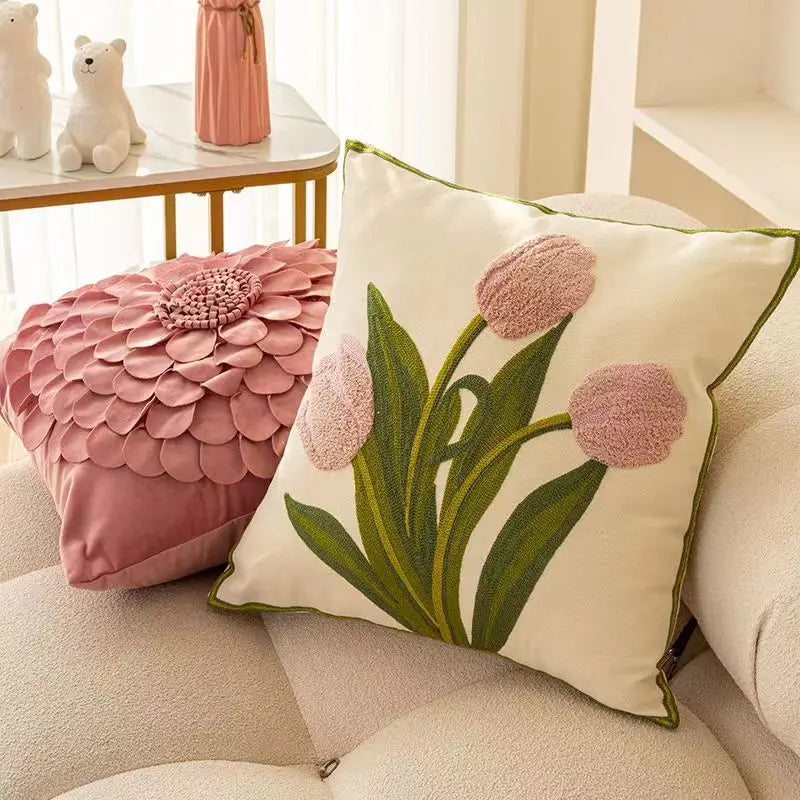 Afralia™ Velvet Tulip Embroidery Cushion Cover Pink Flower Patchwork Pillowcase