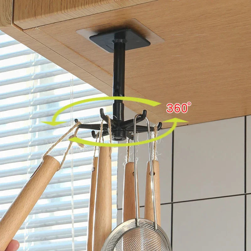 Afralia™ Rotating Self-Adhesive Kitchen Hooks Rack: 6 Hooks Multipurpose Organizer