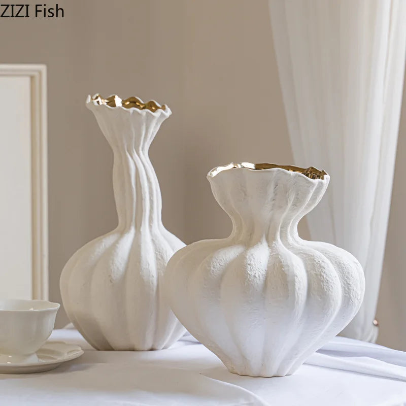 Afralia™ White Ceramic Vase Desk Decor Flowers Floral Porcelain Aesthetic Room Decor