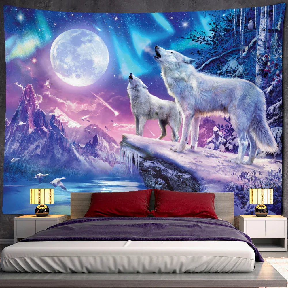 Afralia™ Wolf Forest Tapestry Wall Hanging Psychedelic Landscape Dorm Home Decor