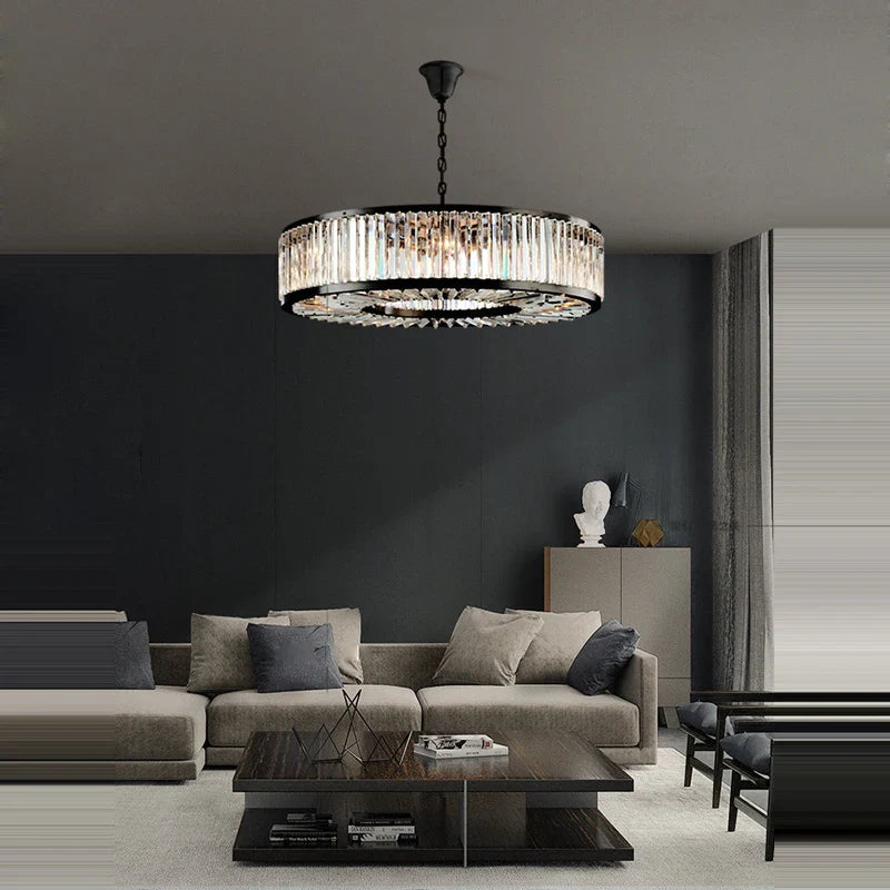 Afralia™ Black Crystal Round LED Chandelier Hanging Lamp for Living Room