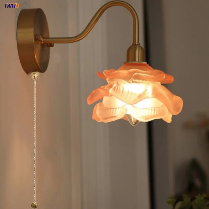 Afralia™ Pink Glass Copper Wall Sconce Pull Chain Switch Stair Light Fixtures