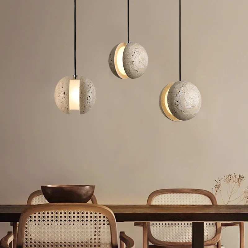 Afralia™ Yellow Travertine Stone LED Pendant Lights for Kitchen Living Room, Japanese Vintage Design