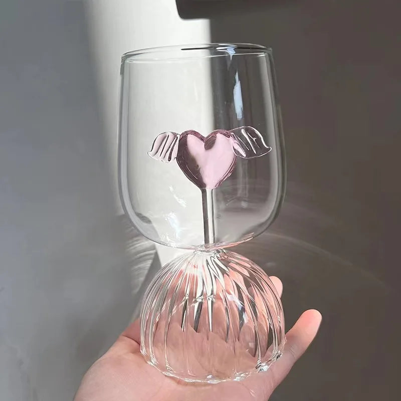 Afralia™ Pink Heart Design Ripple Goblet Glass Cup 12oz for Tea Coffee Milk Juice
