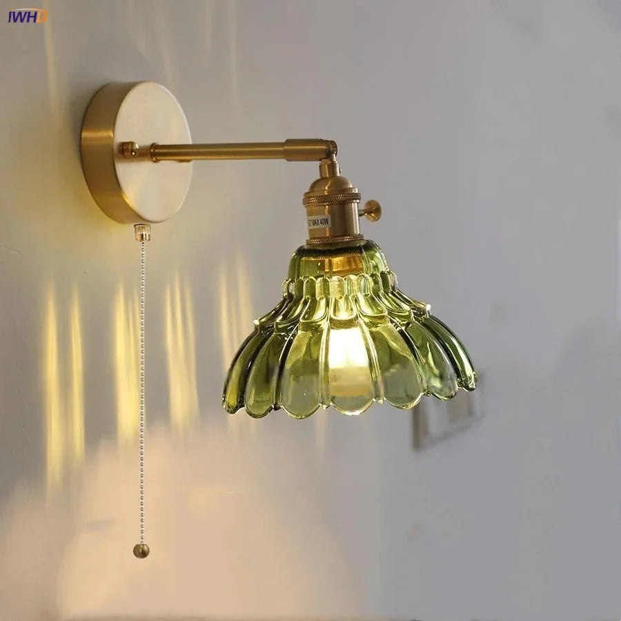 Afralia™ Flower Glass Pull Chain Wall Sconce, Rotatable Copper LED Stair Light