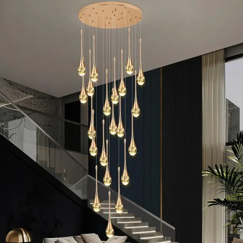 Afralia™ Gold Crystal Chandelier Pendant Light, Modern Minimalist Loft Staircase Fixture