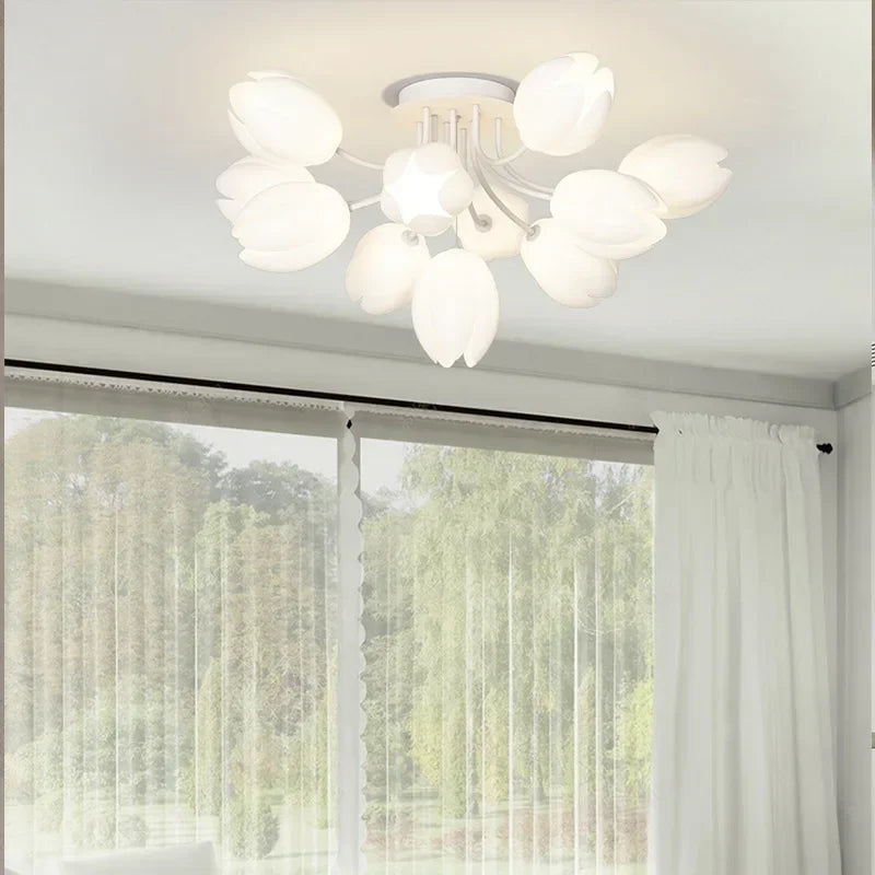 Afralia™ White Lily Blossom LED Chandelier for Living Room Dining Bedroom Kitchen.
