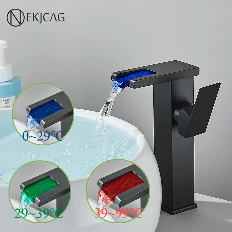 Afralia™ LED Waterfall Basin Faucet: Black Mixer Tap with Light, Deck Mount Kitchen Sink