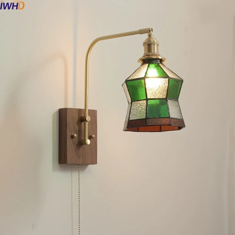 Afralia™ Glass Walnut LED Wall Lamp with Pull Chain Switch - Modern Home Decor
