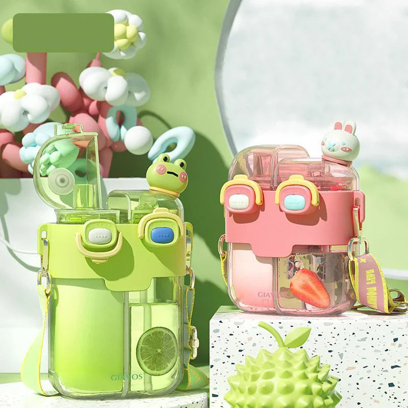 Afralia™ Double-Bin Sippy Cup | Kids Cartoon Water Bottle with Adjustable Strap