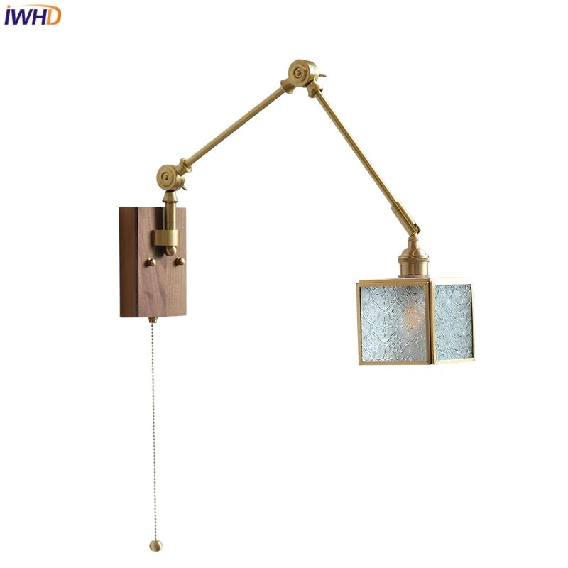 Afralia™ Cube Glass LED Wall Sconce Walnut Wood 2 Arms Rotatable Mirror Light