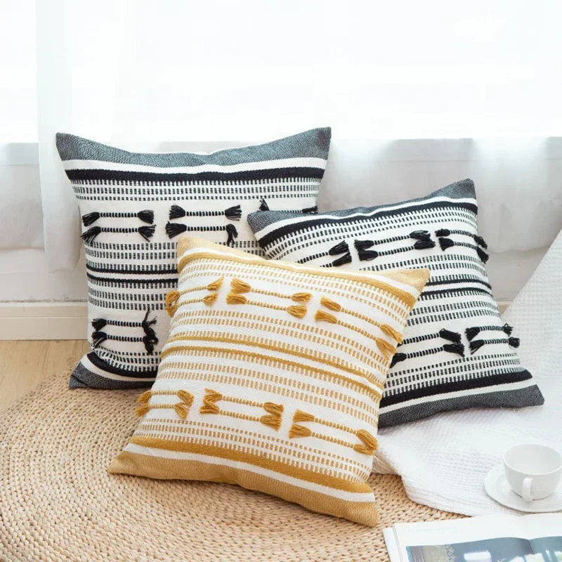 Afralia™ Geometric Tassels Cushion Cover - Yellow & Black Woven Home Decor Pillow
