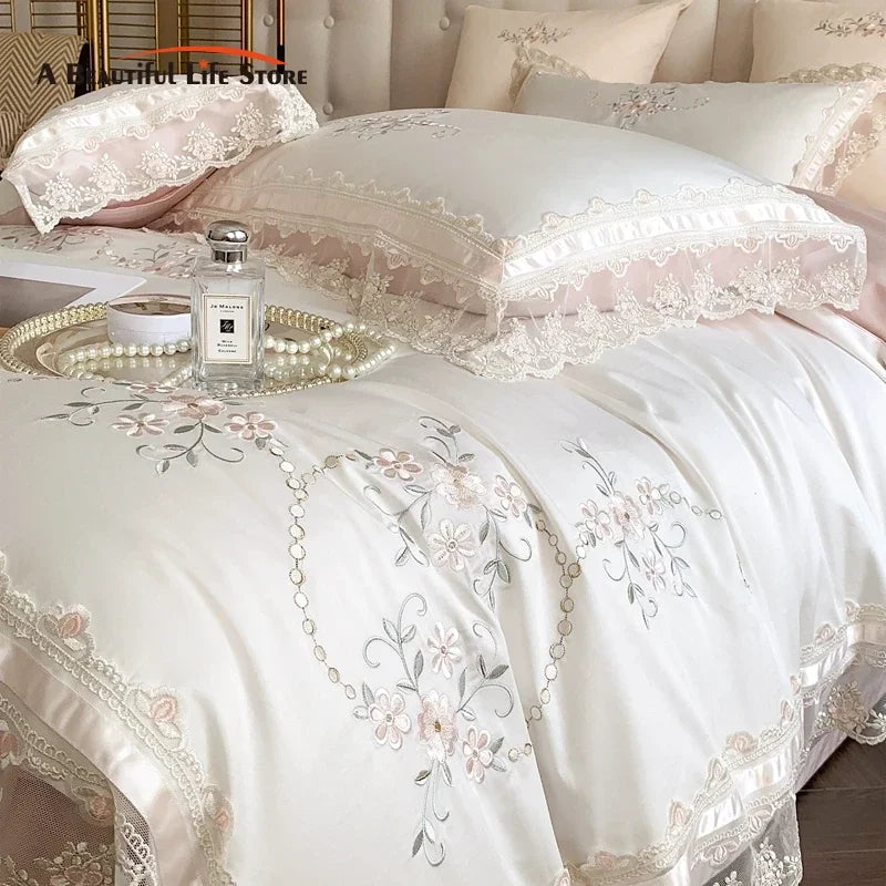 Afralia™ French Lace Flowers Embroidery Wedding Bedding Set 1200TC - Luxurious and Romantic Cotton Duvet Cover Set