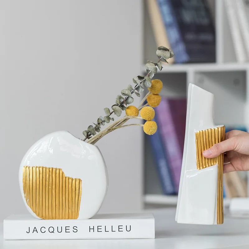 Afralia™ Geometric Gold Striped Ceramic Vase for Flowers & Hydroponics