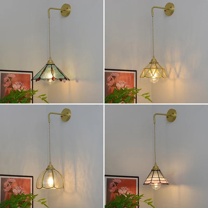 Afralia™ Glass Brass LED Wall Sconce Pull Chain Switch Vintage Vanity Light