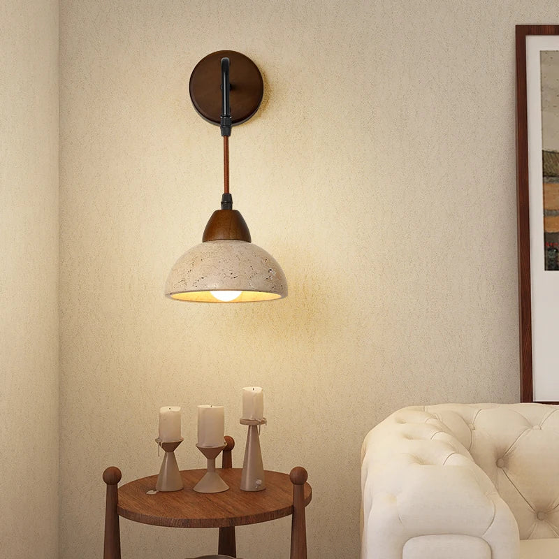 Afralia™ Wood Canopy LED Wall Sconce Yellow Travertine Stone Nordic Modern Light