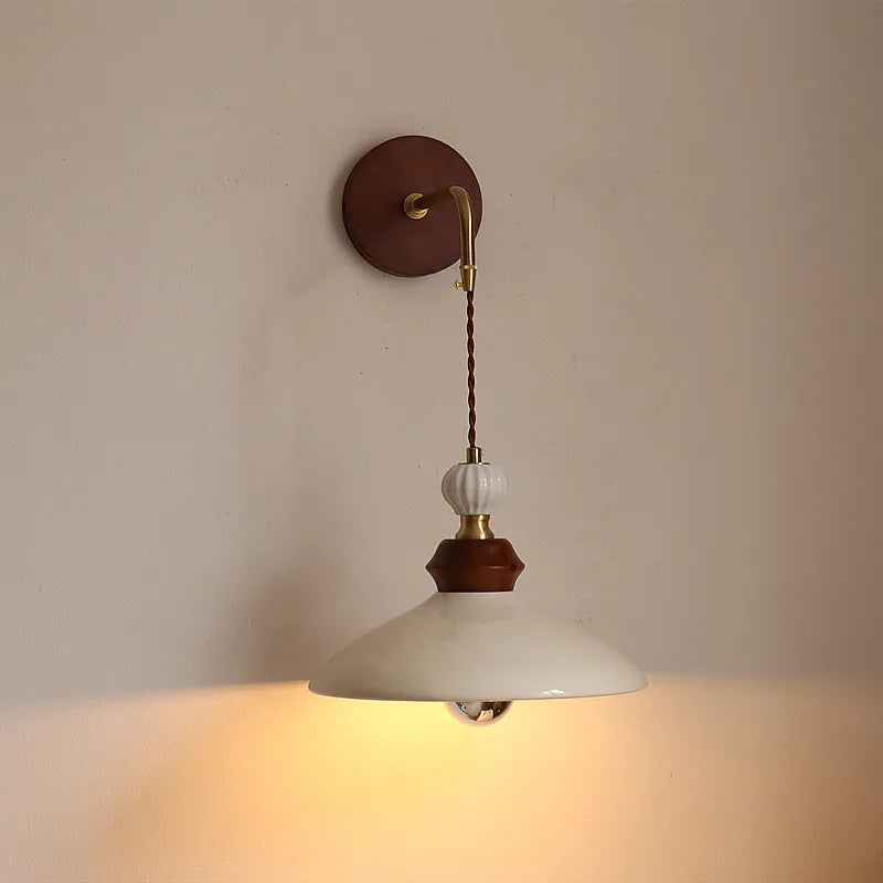 Afralia™ Ceramic LED Wall Light Copper Pull Chain Wood Base Modern Bedside Lamp