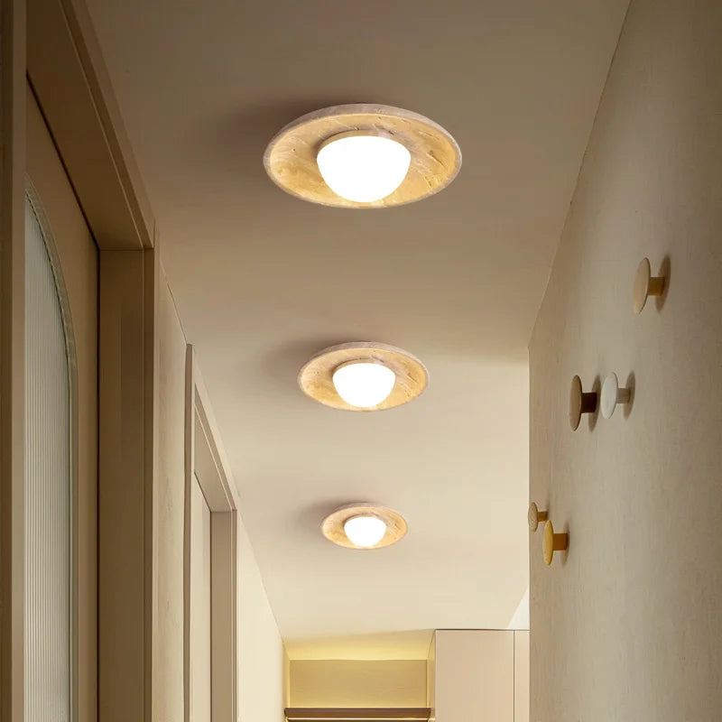 Afralia™ Acrylic LED Ceiling Lamp Yellow Travertine Wood Canopy Wabi Sabi Style