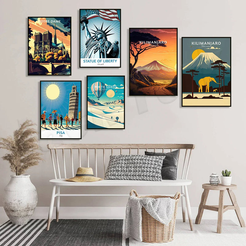 Afralia™ Travel Posters: Marrakech, White Sands, Mont Saint-Michel, Kilimanjaro, Italy, Himalayas, France, Japan