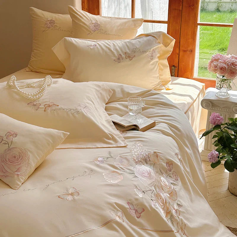 Afralia™ Rose Flowers Embroidery Cotton Bedding Set - Single Queen King Size