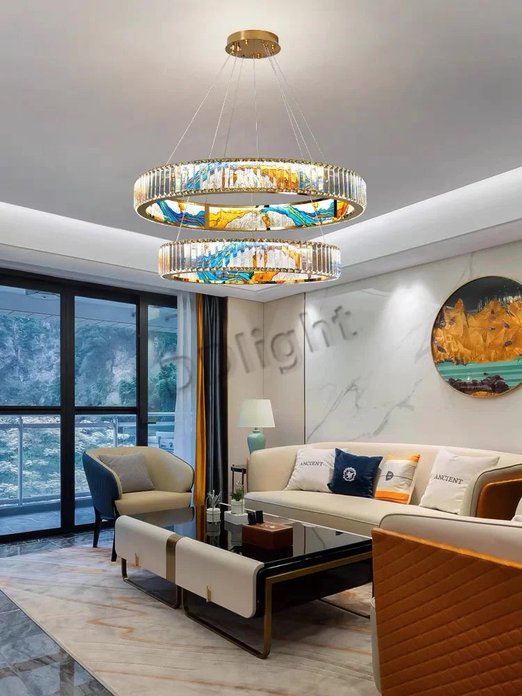 Afralia™ Luxury Enamel Color Crystal Glass Ceiling Chandelier LED Light for Modern Villa Decor