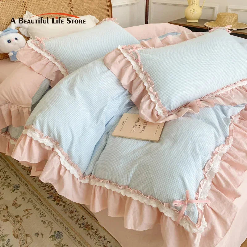 Afralia™ Blue Pink Lattice Bedding Set: Princess Ruffles Bow, 100% Cotton Quilt Cover, Sheet, Pillowcases