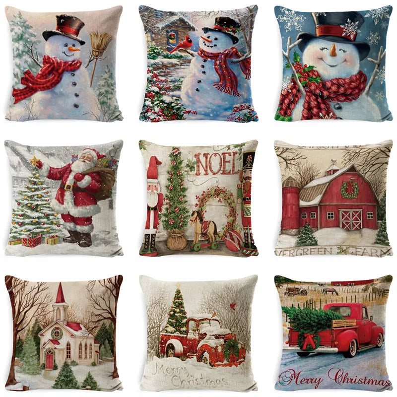 Afralia™ Christmas Snowman & Santa Claus Linen Pillow Cover for Festive Living Room Decor