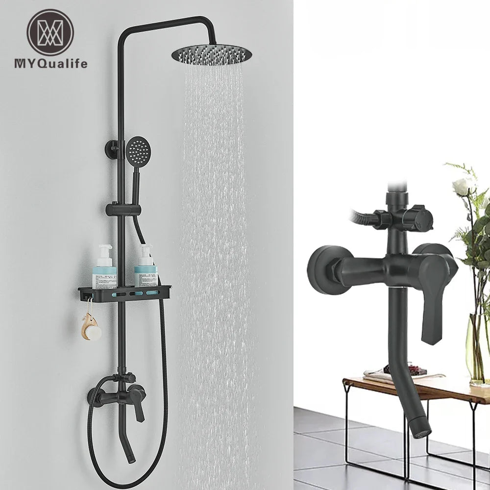 Afralia™ Stainless Steel Rainfall Shower Faucet Set with Liftable Shower Shelf