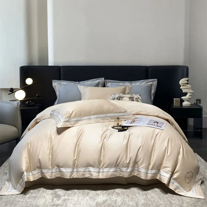 Afralia™ Luxury Butterfly Embroidery Champagne 4Pcs Bedding Set with Duvet Cover, Bed Sheet & Pillowcases