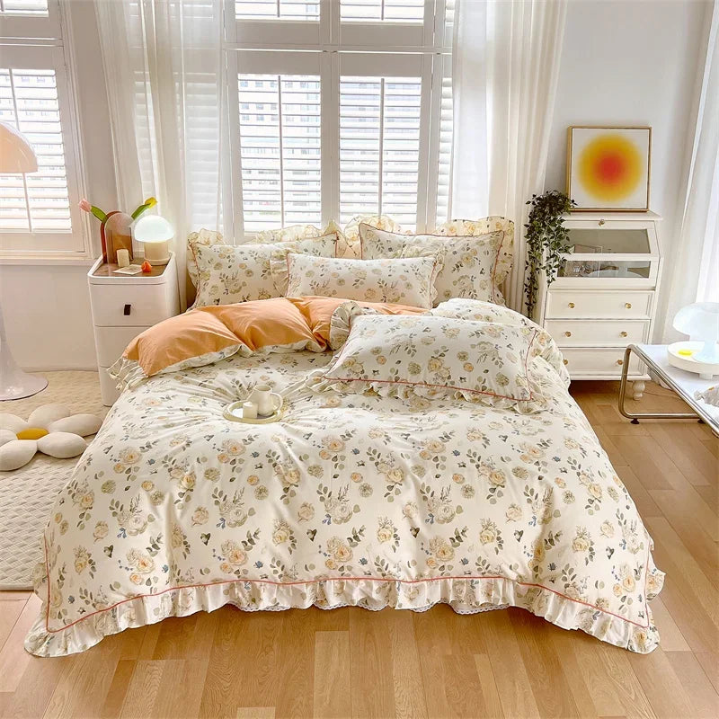 Afralia™ Princess Ruffles 100% Cotton Quilt Cover Set - Floral Soft Duvet Cover