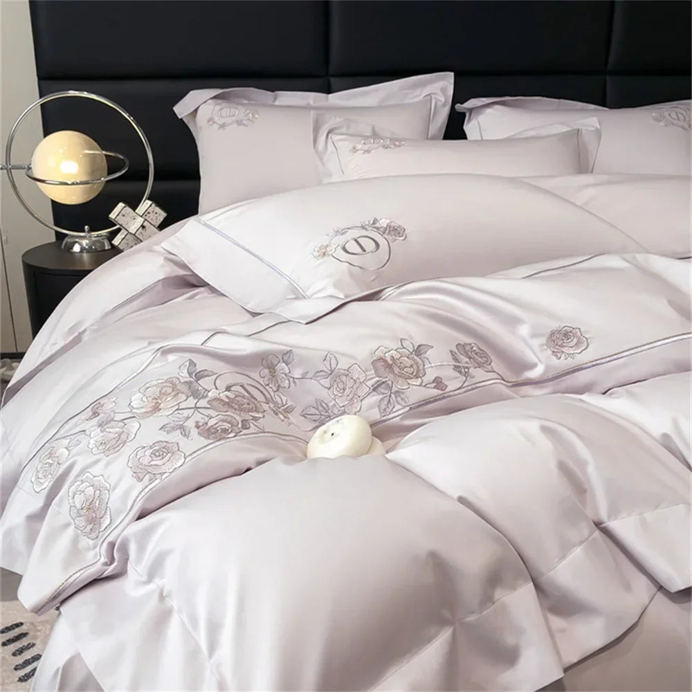 Afralia™ Pale Mauve Flowers Embroidery 1000TC Egyptian Cotton Bedding Set - Queen King Size
