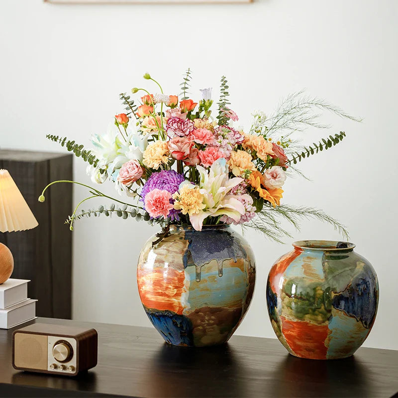 Afralia™ Ceramic Vase with Unique Color Stitching, Hand-drawn Floral Design - Home Decor Accessory