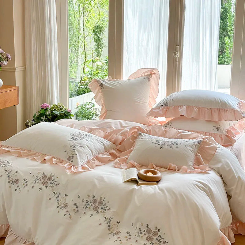 Afralia™ Korean Princess Lace Ruffles Flowers Embroidery Bedding Set with 100% Cotton Quality.