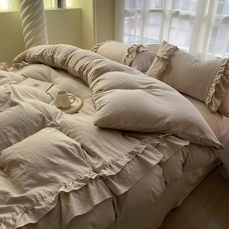 Afralia™ Korean Princess Ruffles Bedding Set - Soft Microfiber, Duvet Cover Pillowcases - All Sizes