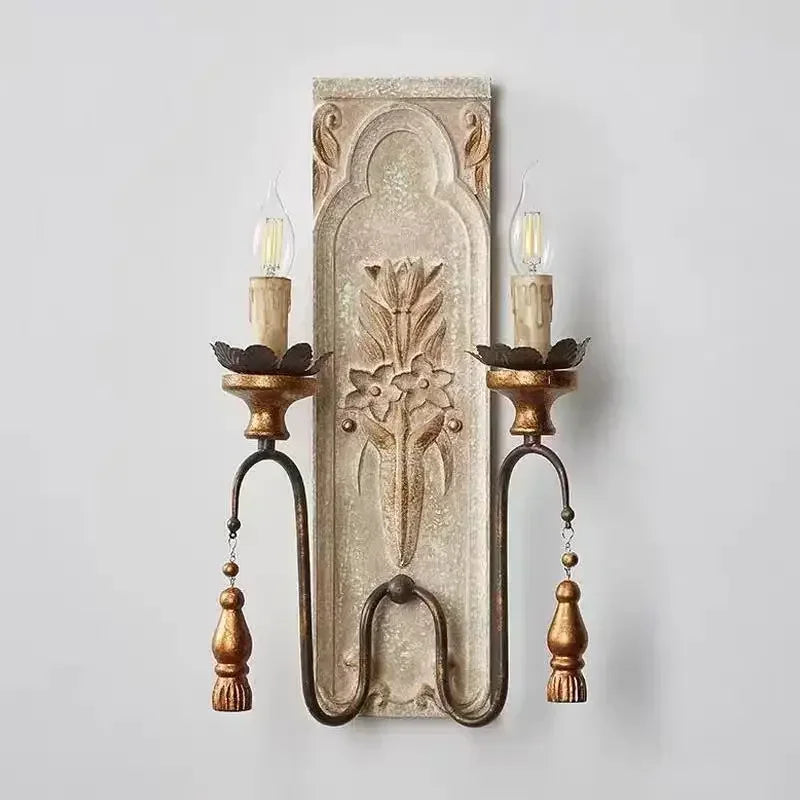 Afralia™ Rustic French Wood Carving Wall Lamp Vintage Style for Living Room Bedroom Corridor