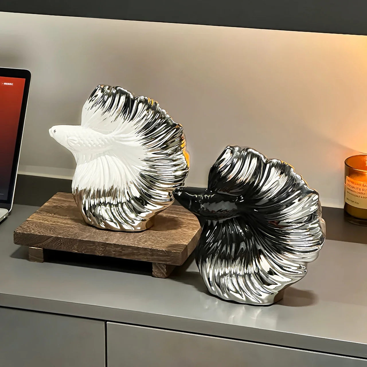 Afralia™ Silver Gradient Koi Fish Sculpture | Ceramic Handicrafts Home Decor