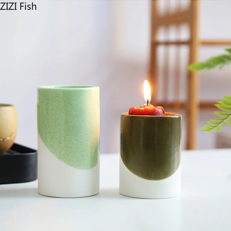 Afralia™ Green Cylinder Candle Holder Set for Romantic Home Decor